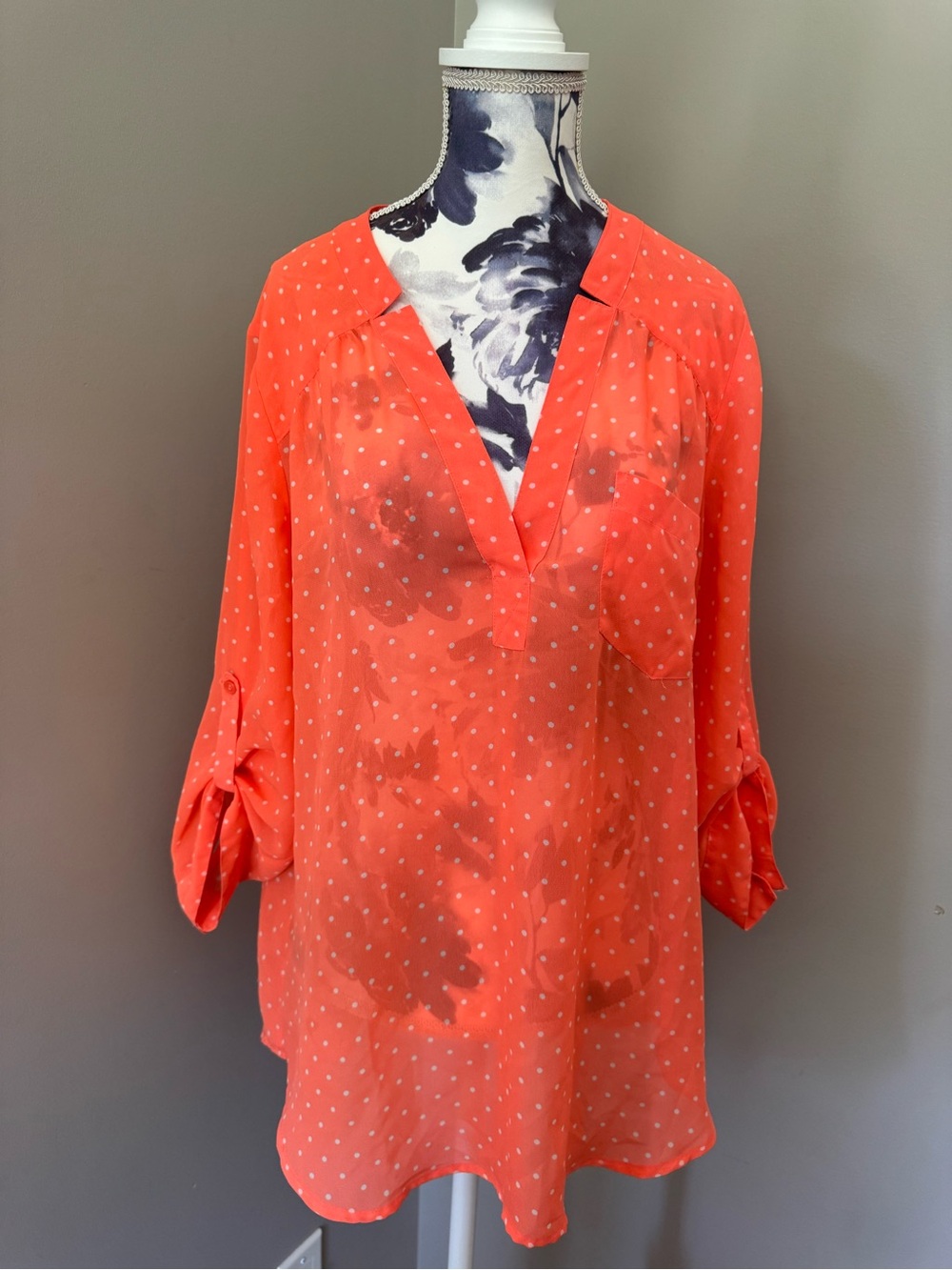 Maurices Lightweight Coral Polka Dot V-Neck Tunic